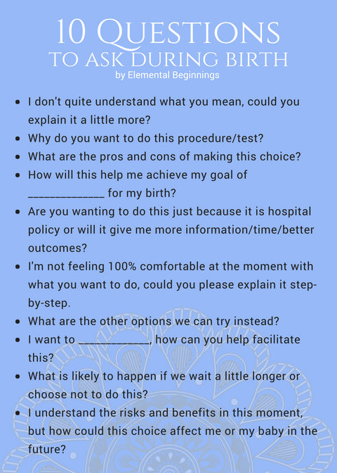 Free handy printable of 10 questions to ask your care provider to ensure you get the best information when making an informed decision about childbirth | Elemental Beginnings | Doula - Adelaide
