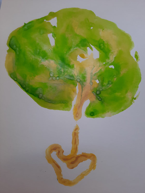 Coloured placenta print in green, yellow and gold by Elemental Beginnings.  Adelaide's placenta encapsulation specialist